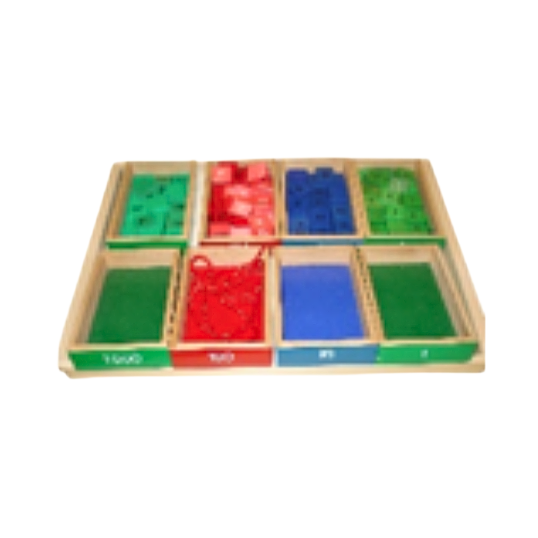 Stamp Game in Box, 1s to 1000s w/hierarchical trays, Italian